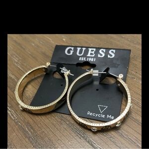 NWT GUESS CLEAR CRYSTAL HOOP EARRINGS GOLD TONE 1.4”
